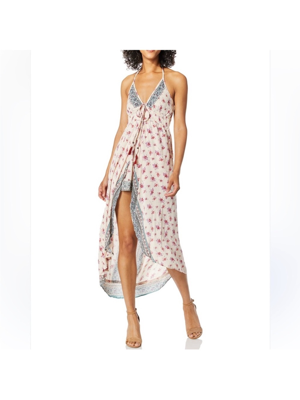 Angie Pink Floral High-Low Maxi Dress with Blue Trim